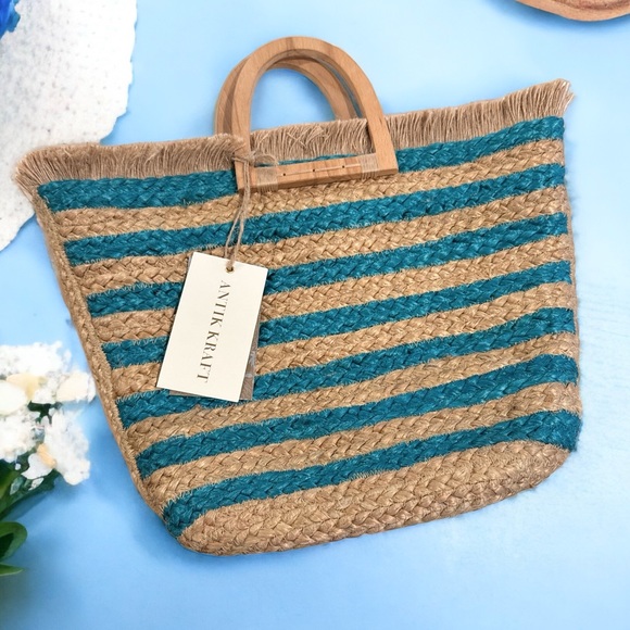 NWT Antik Kraft turquoise stripe jute tote bag - Picture 2 of 3